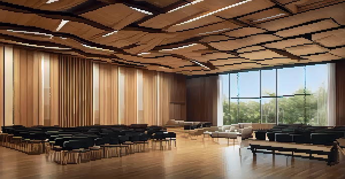 An acoustically treated performance space with wooden panels, foam absorbers, and diffusers, illuminated by soft lighting.