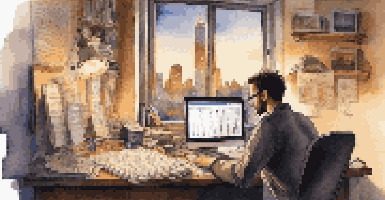An artist analyzing music data on a laptop in a cozy room with musical notes around.