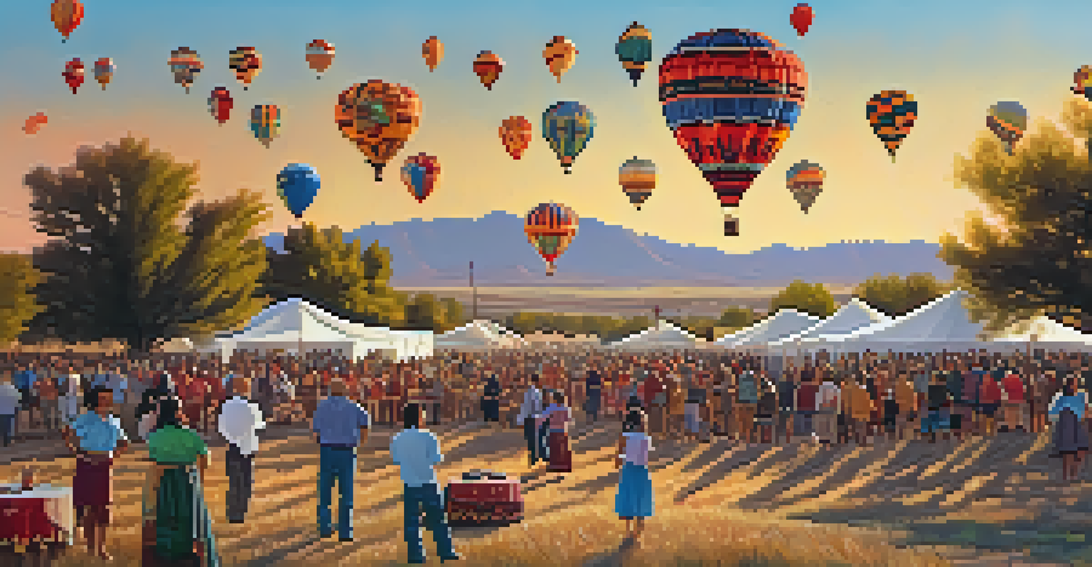 An outdoor festival featuring hot air balloons and people enjoying Native American folk music during sunset.