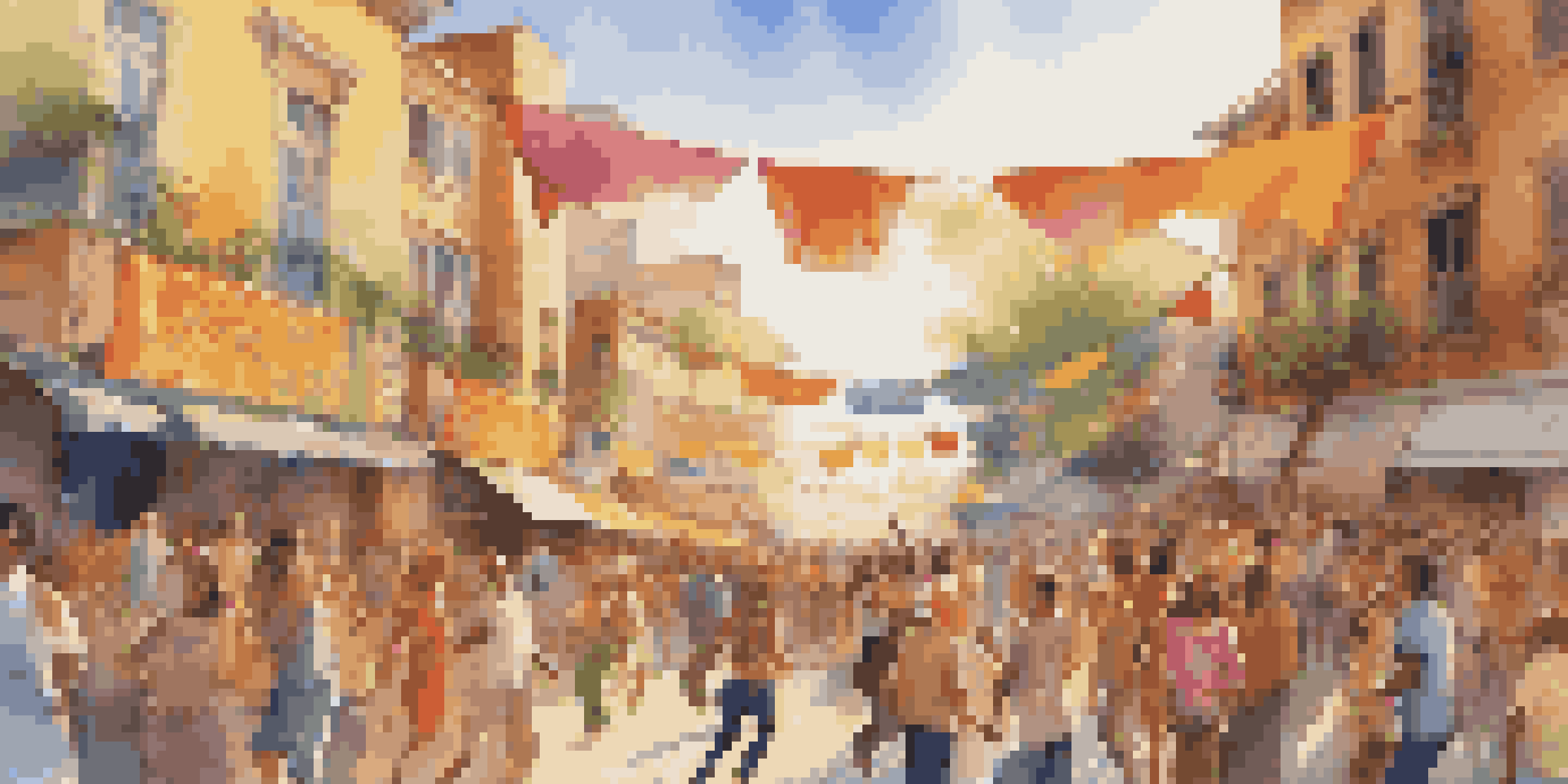 A lively outdoor music festival with musicians, colorful banners, and a diverse audience enjoying the music and atmosphere.