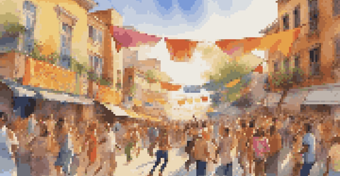 A lively outdoor music festival with musicians, colorful banners, and a diverse audience enjoying the music and atmosphere.