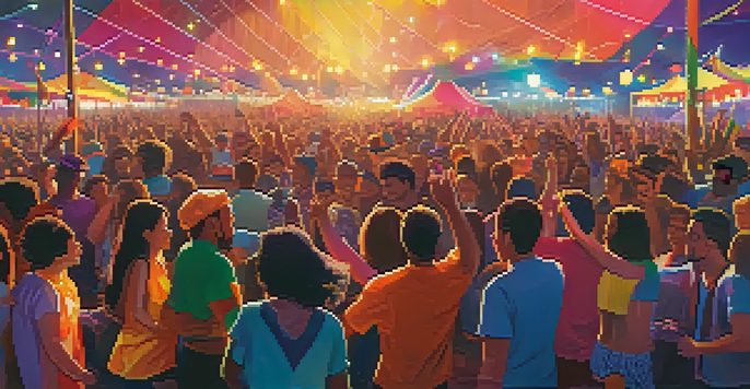 A lively music festival at dusk with people of various backgrounds dancing, wearing colorful outfits, and a band performing on stage.