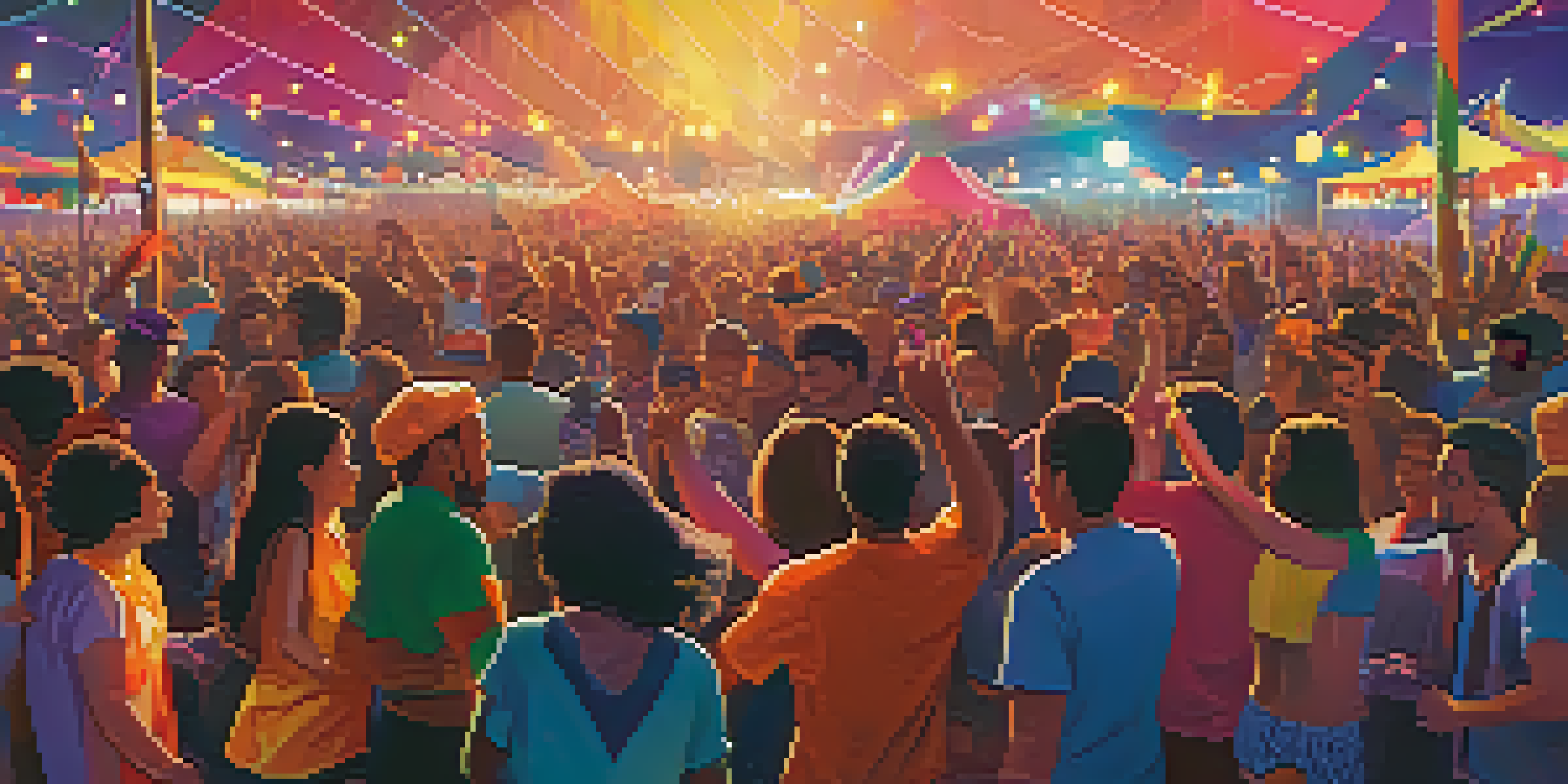 A lively music festival at dusk with people of various backgrounds dancing, wearing colorful outfits, and a band performing on stage.