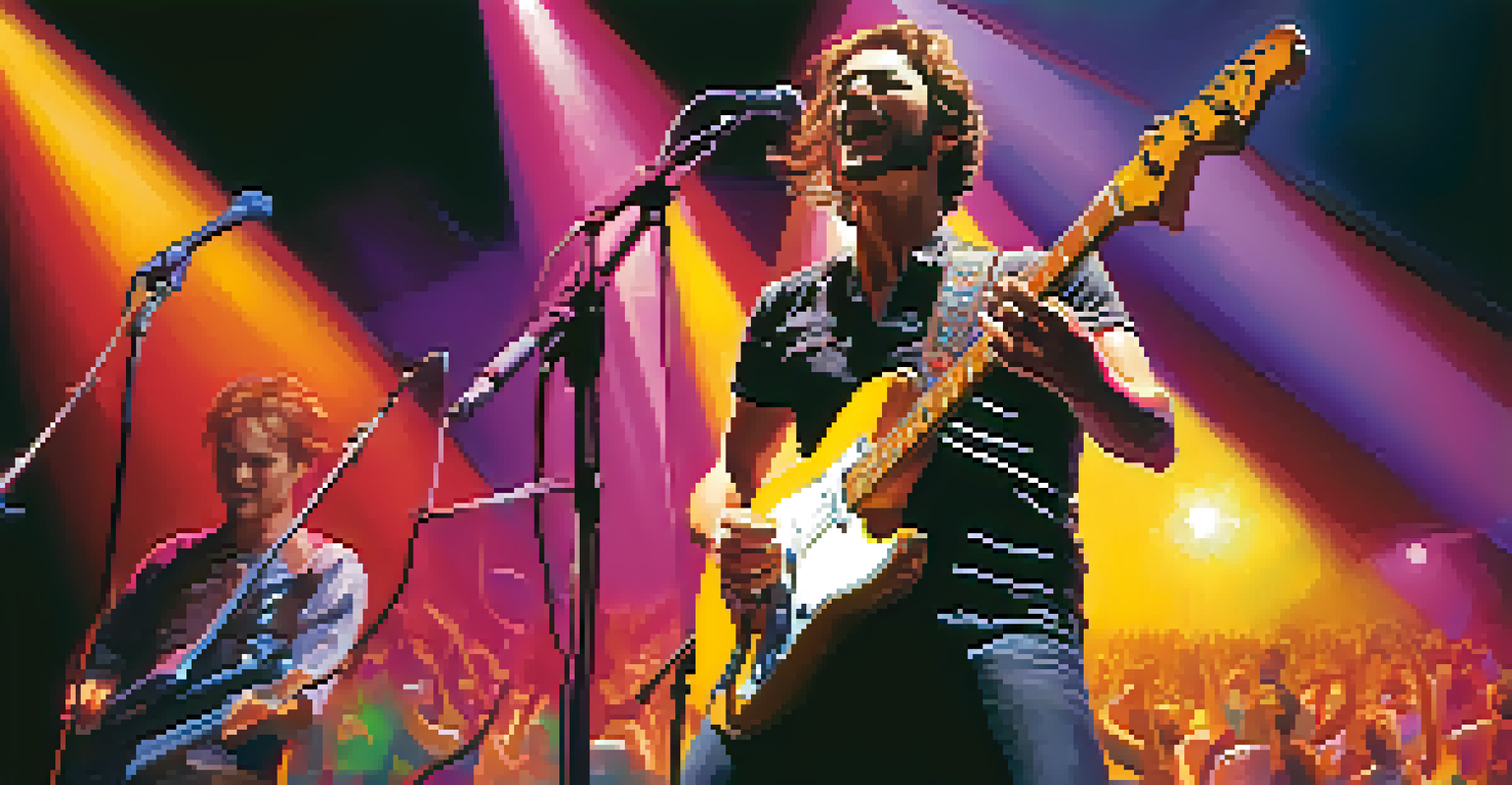 Close-up of a musician passionately performing on stage with excited fans in the foreground.