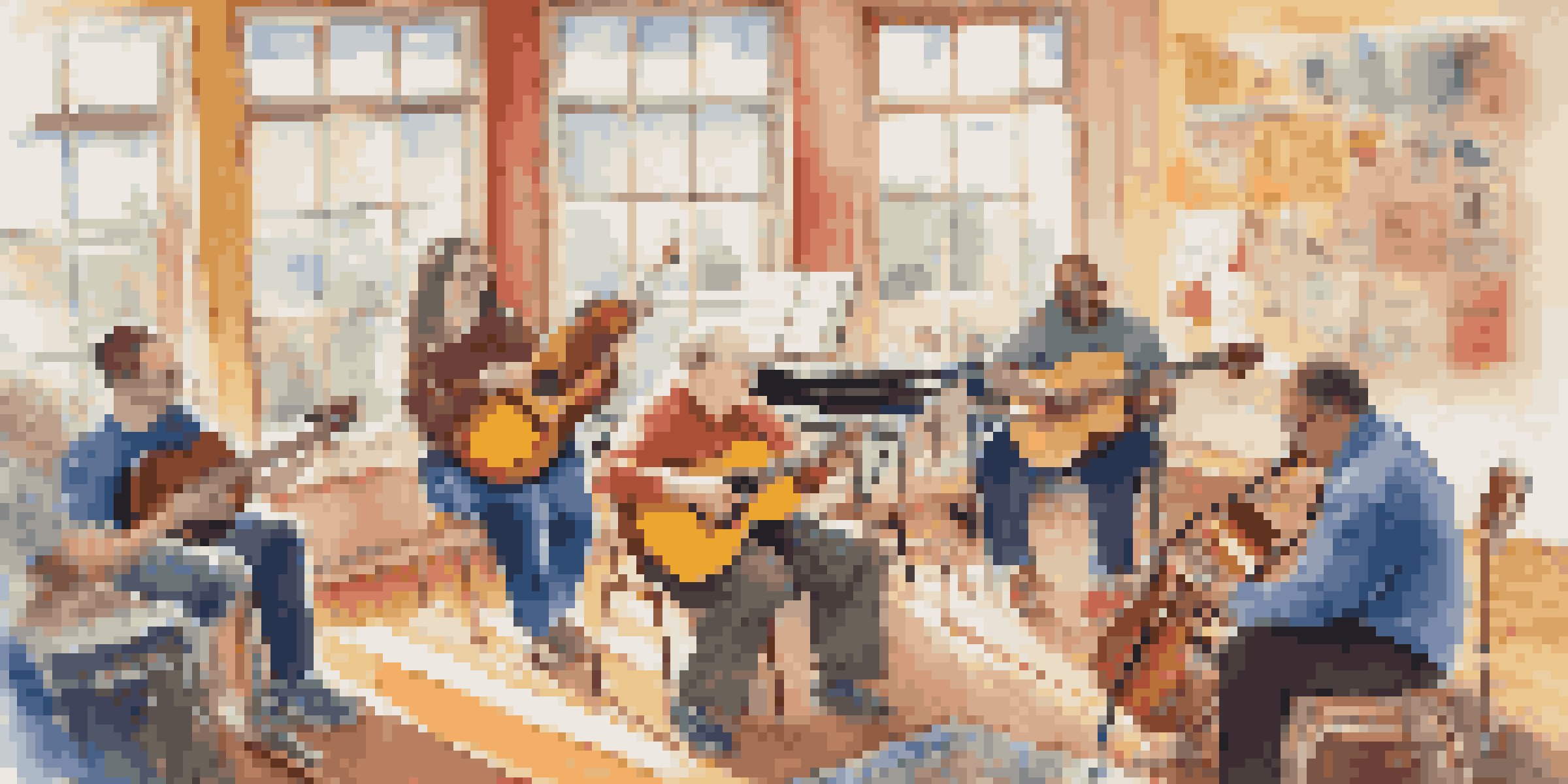 A music therapy session with individuals with developmental disabilities happily playing instruments and creating music together in a bright, colorful room.