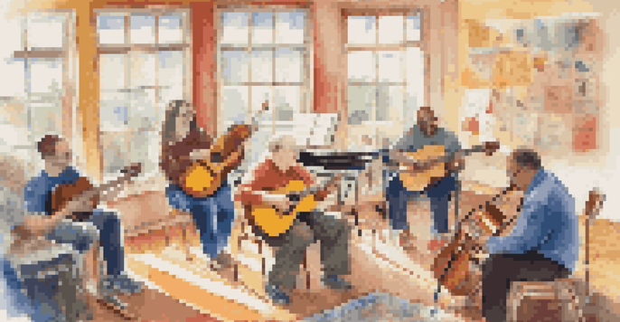 A music therapy session with individuals with developmental disabilities happily playing instruments and creating music together in a bright, colorful room.