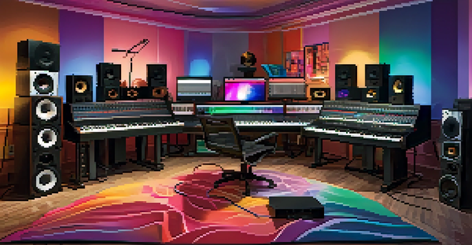 A music studio with a producer working on a computer, surrounded by instruments and colorful sound wave visualizations.