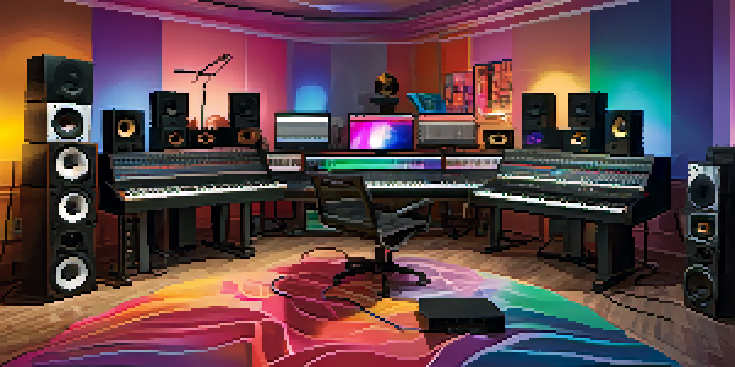 A music studio with a producer working on a computer, surrounded by instruments and colorful sound wave visualizations.