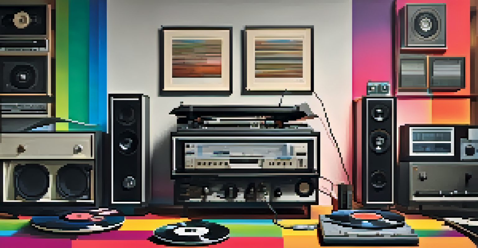 A digital art piece showing the evolution of music distribution from vinyl to streaming.