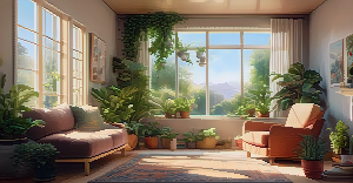 A person relaxing in a cozy room, listening to music with headphones, surrounded by plants and sunlight.