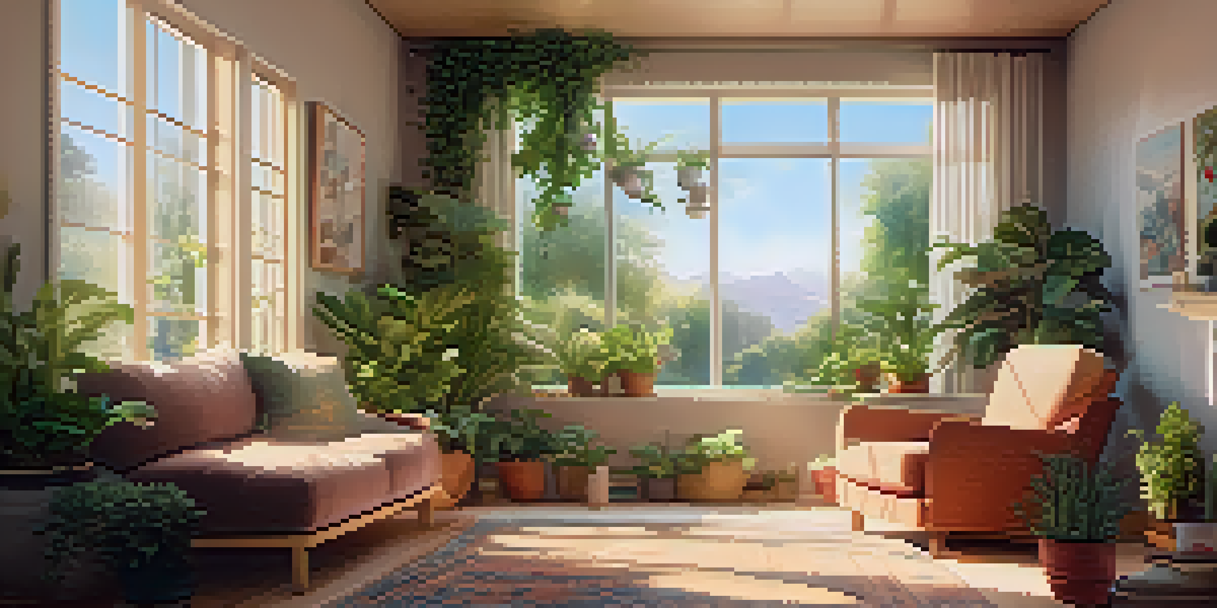 A person relaxing in a cozy room, listening to music with headphones, surrounded by plants and sunlight.
