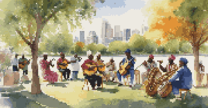 A diverse group of musicians playing traditional instruments in a park, surrounded by an engaged crowd and a city skyline in the background.