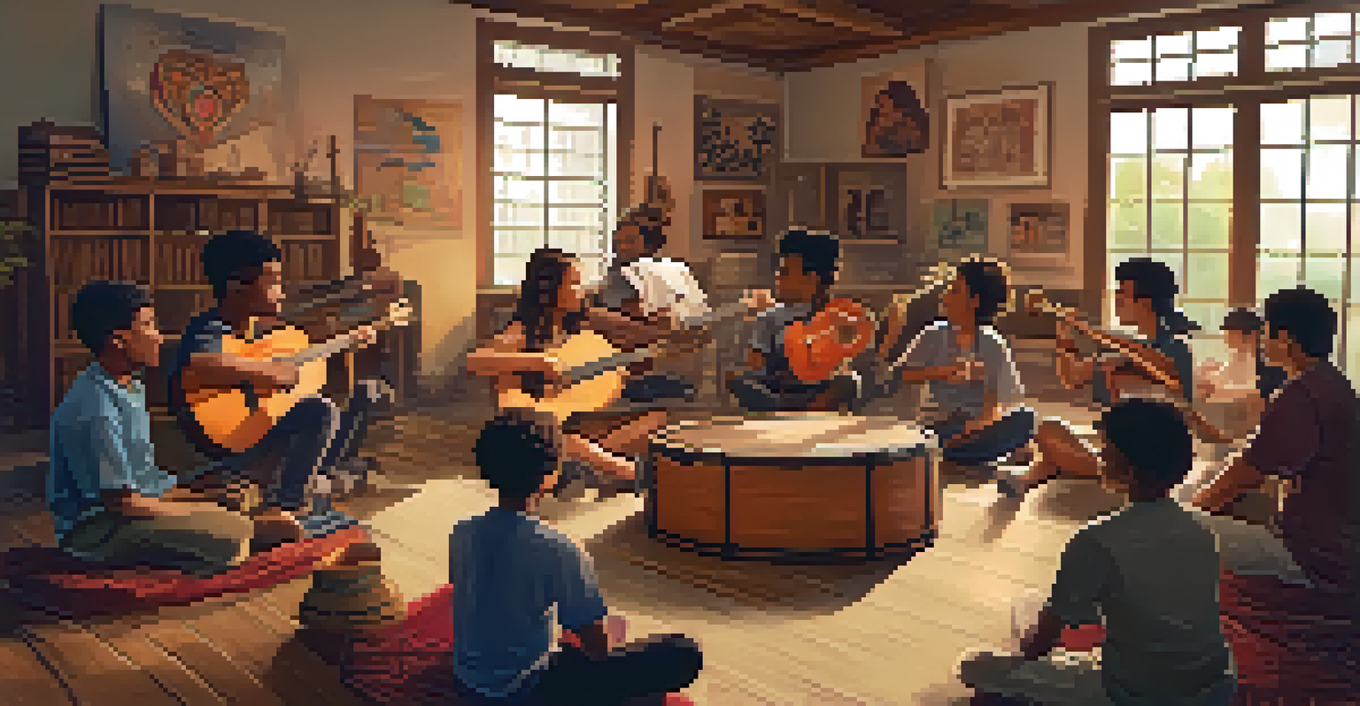 Young musicians from various cultures participating in a music workshop indoors, sharing instruments and ideas.