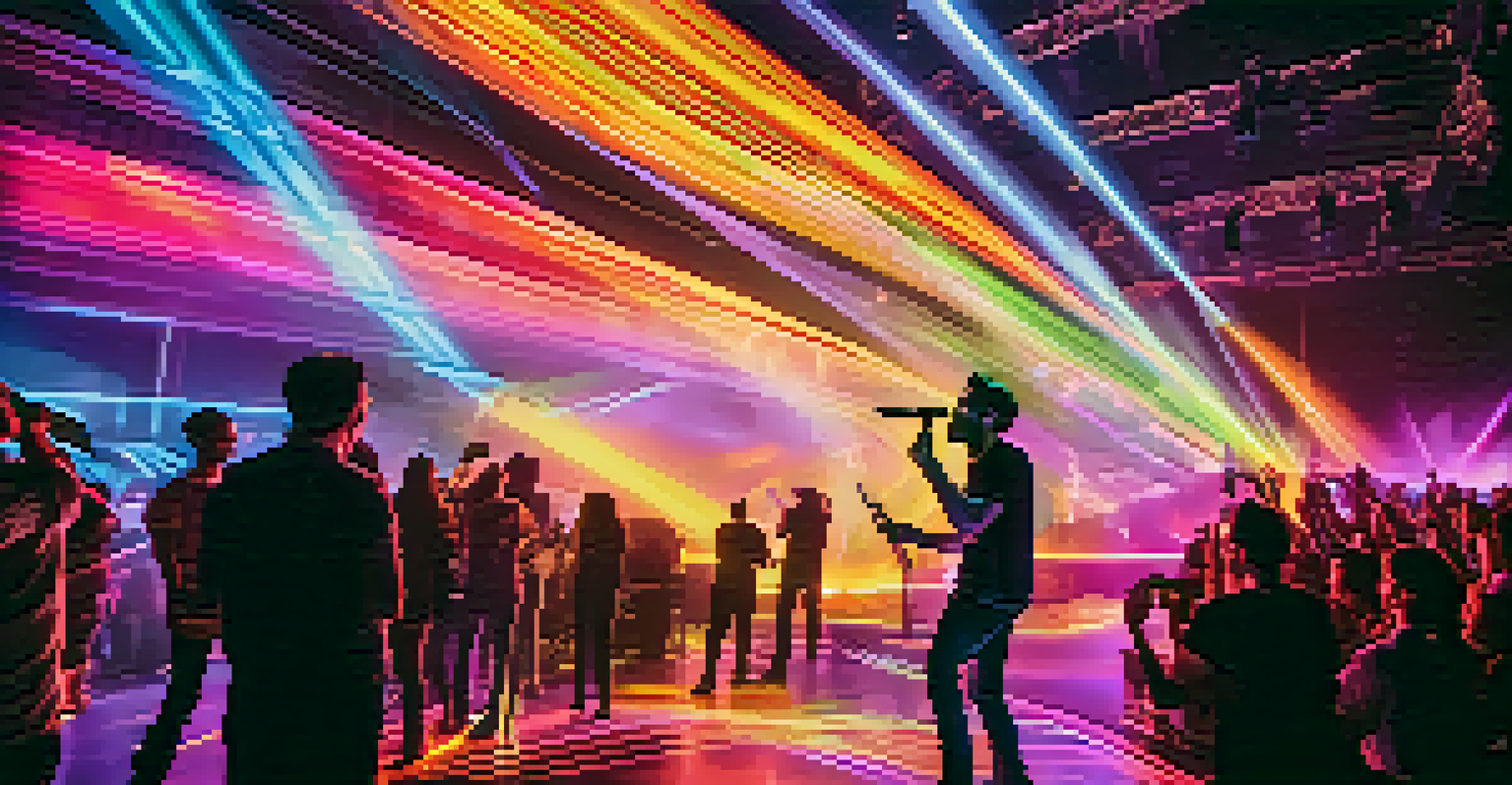 An artist performing live on stage with AI-generated visuals reacting to the music.