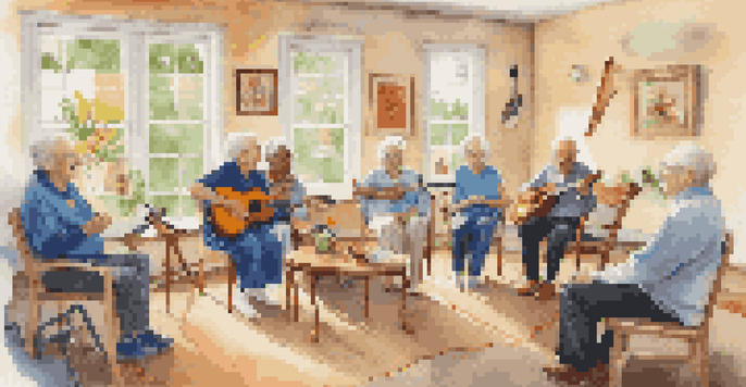 A group of elderly individuals enjoying a music therapy session in a bright and cheerful room, with instruments and decorations around them.
