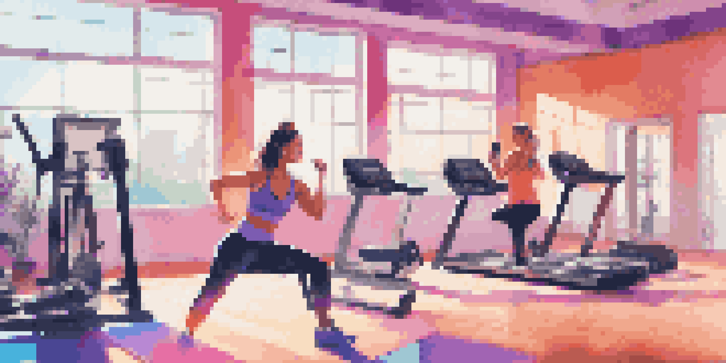 An influencer in a colorful gym recording a workout video with energetic music, surrounded by exercise equipment and natural light.