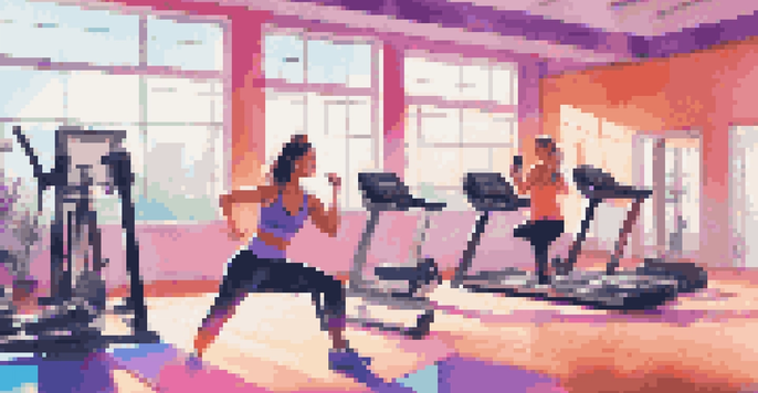 An influencer in a colorful gym recording a workout video with energetic music, surrounded by exercise equipment and natural light.