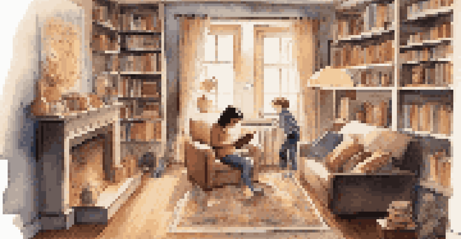 A parent reading a story to a child in a cozy living room, with musical notes swirling around.