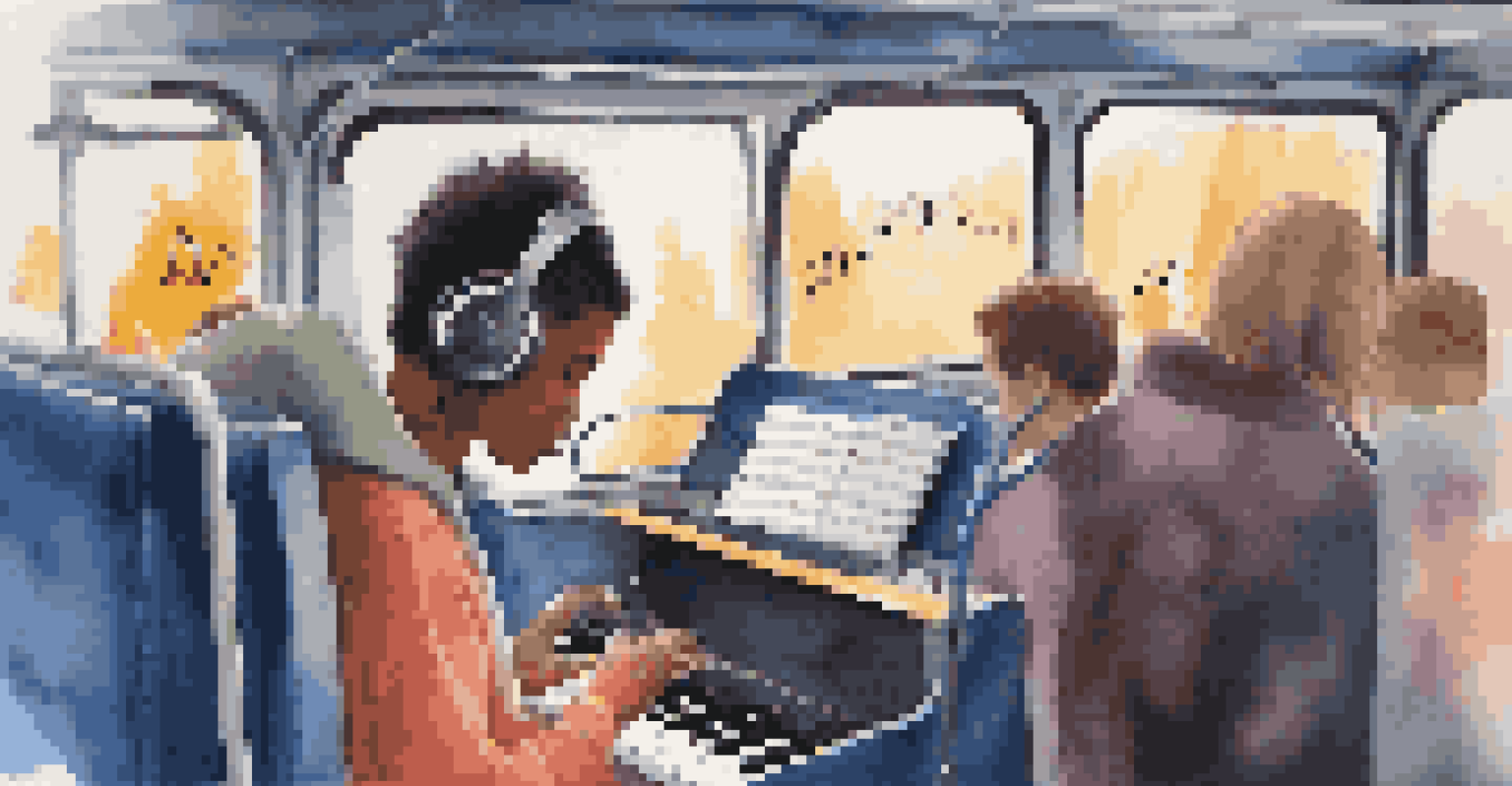 A young musician practicing piano on a mobile app while riding a bus, with a glowing screen showing lessons and musical notes around.