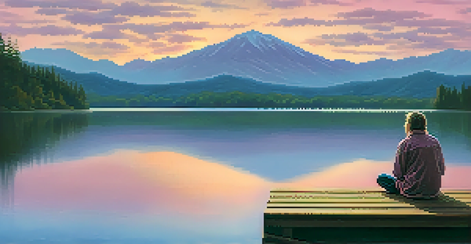A peaceful sunset over a calm lake with a lone figure on a dock, surrounded by trees and mountains.