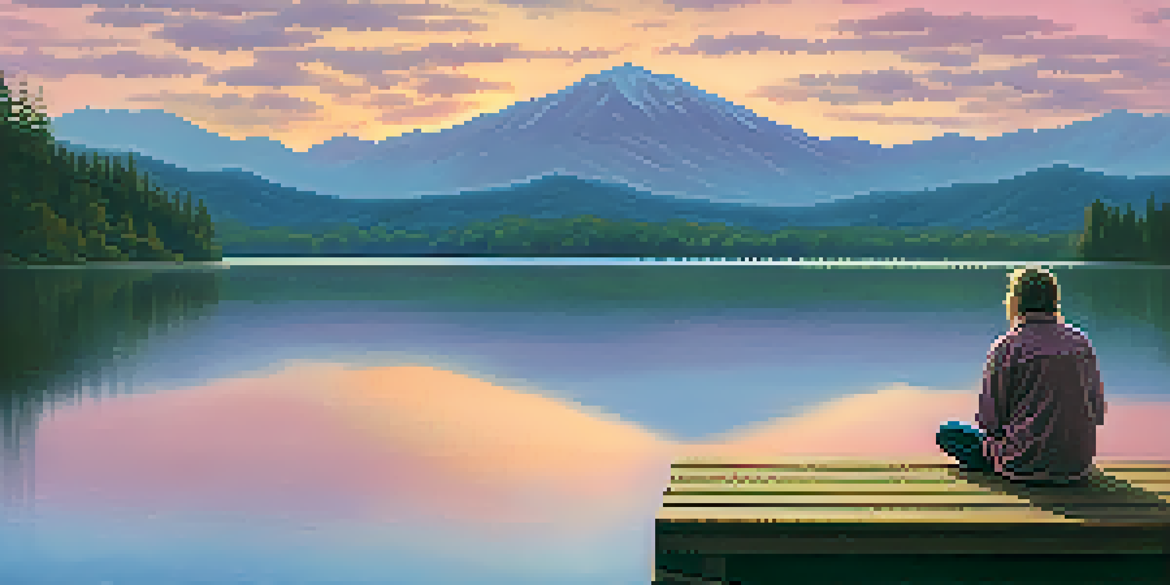 A peaceful sunset over a calm lake with a lone figure on a dock, surrounded by trees and mountains.