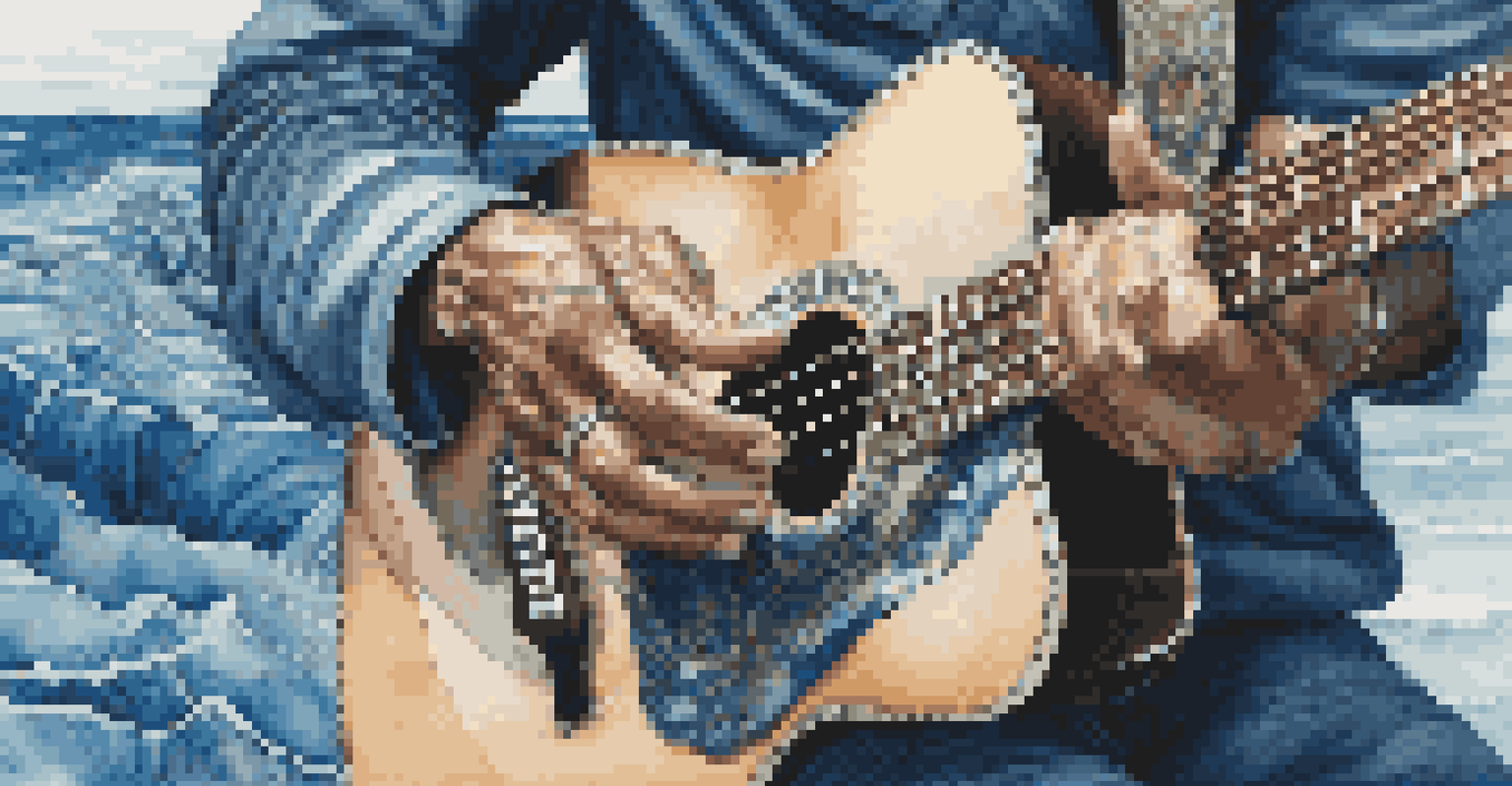 Close-up of a musician's hands playing a guitar in front of ocean waves and marine life.