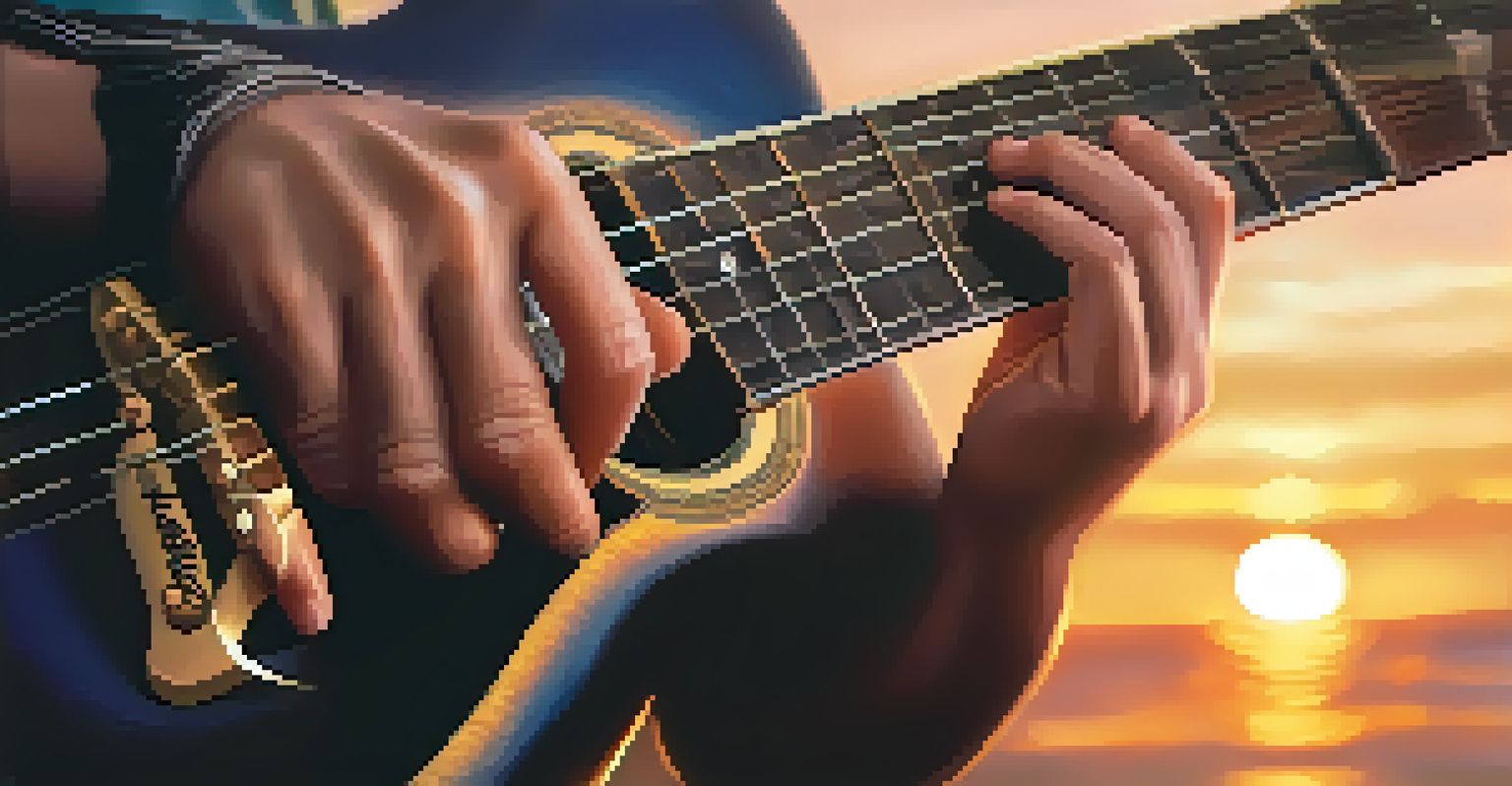 A close-up of a hand playing a guitar against a beautiful sunset background.