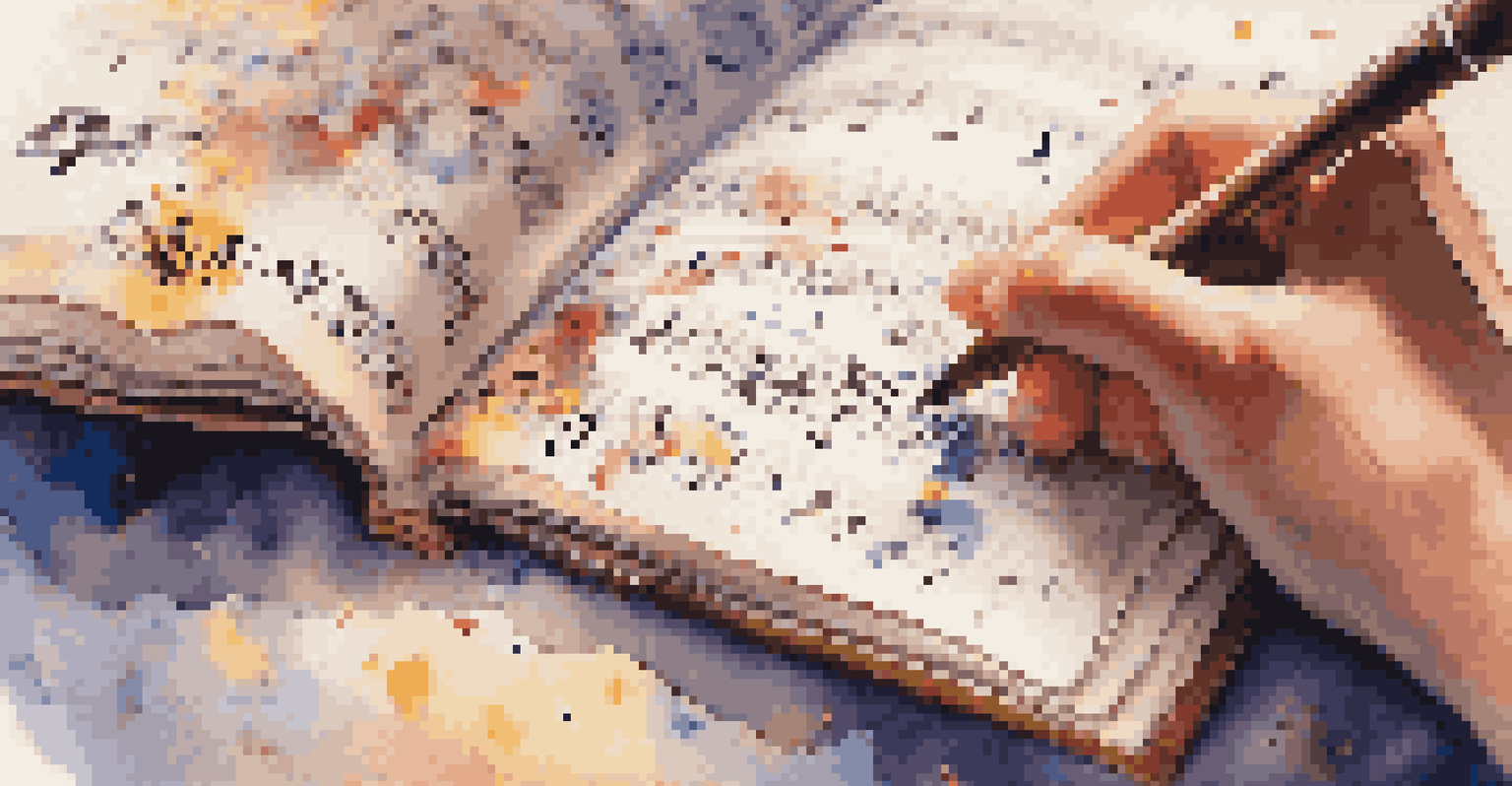 Hands writing in a journal with colorful music notes and lyrics floating around, symbolizing creativity and emotional expression.