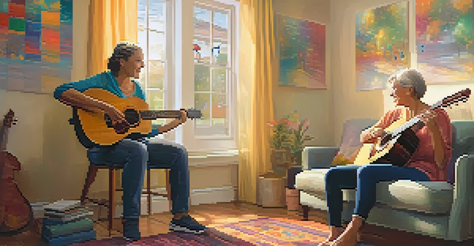 A cozy music therapy room where a woman plays guitar with a music therapist, surrounded by calming decorations.