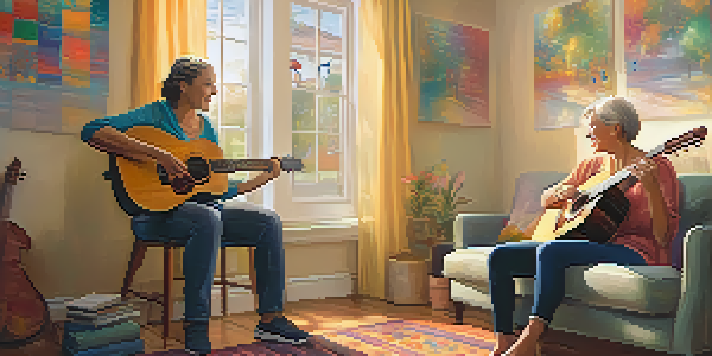 A cozy music therapy room where a woman plays guitar with a music therapist, surrounded by calming decorations.