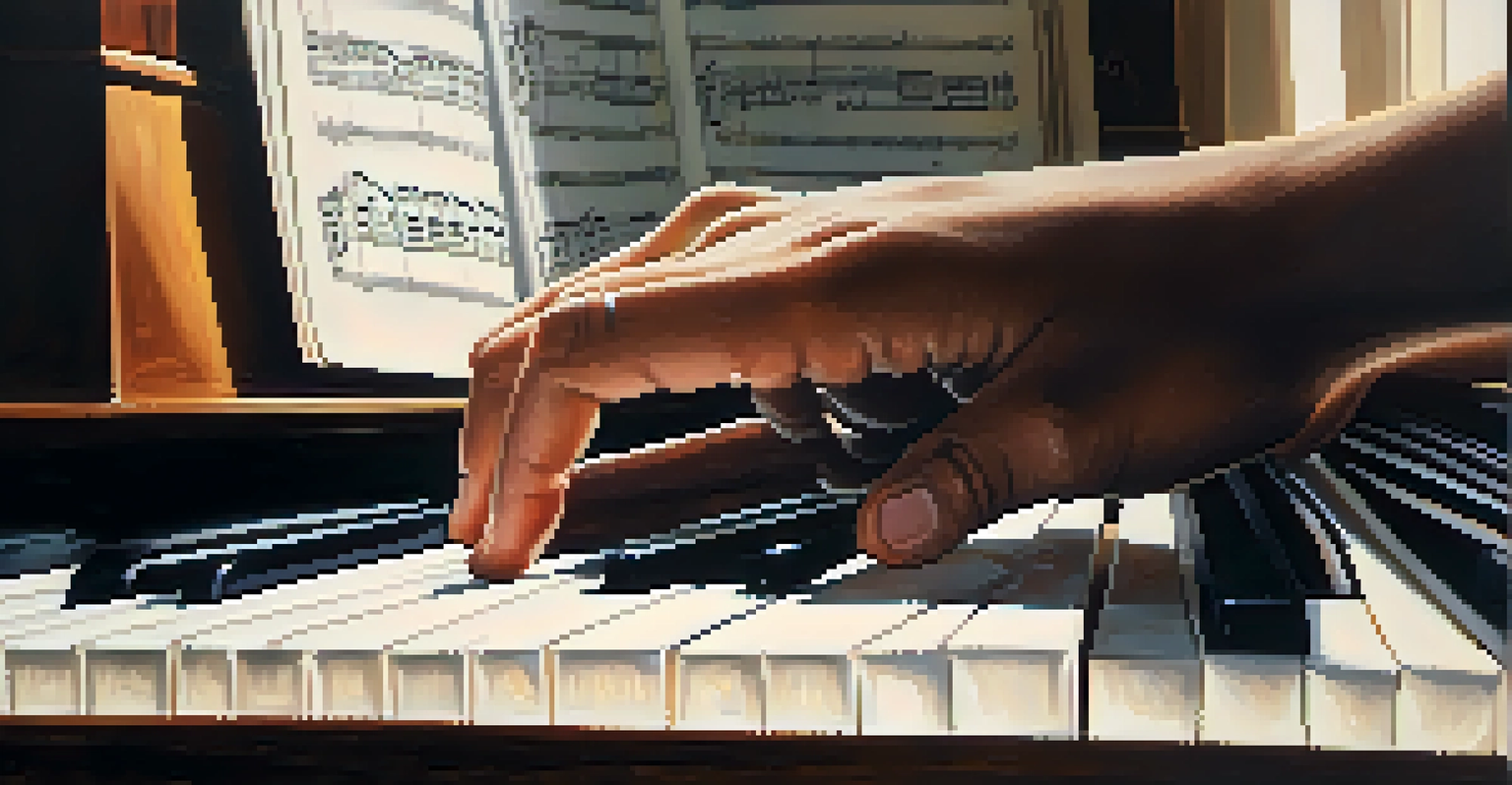 A close-up of hands playing a piano with sunlight illuminating the scene.