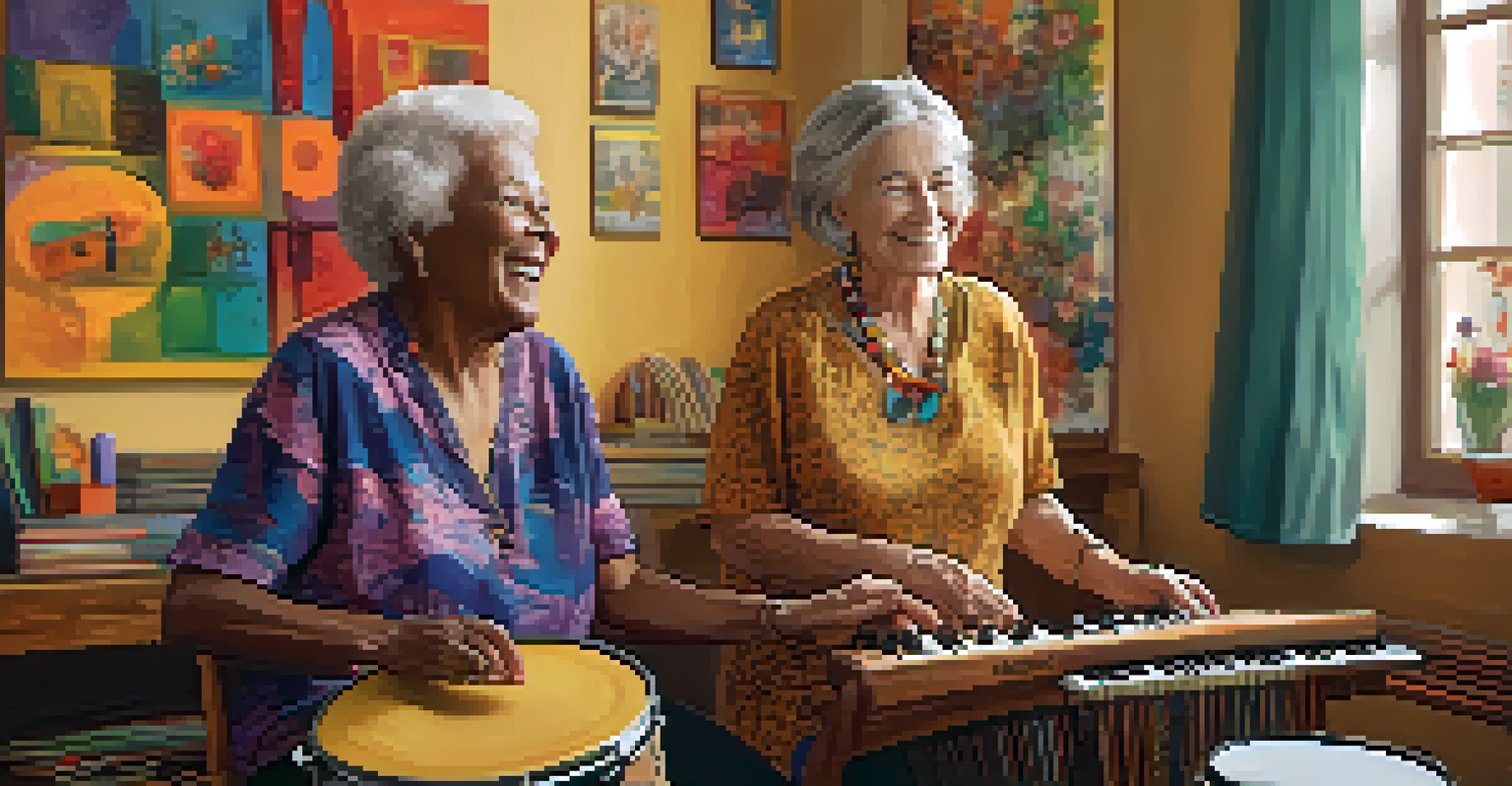 An elderly woman smiling while participating in a music therapy session with various musical instruments around her.