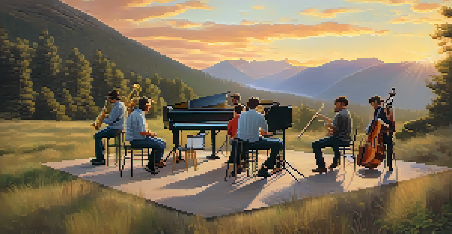 A band filming a music video outdoors at sunset, with musicians playing instruments in a beautiful landscape.