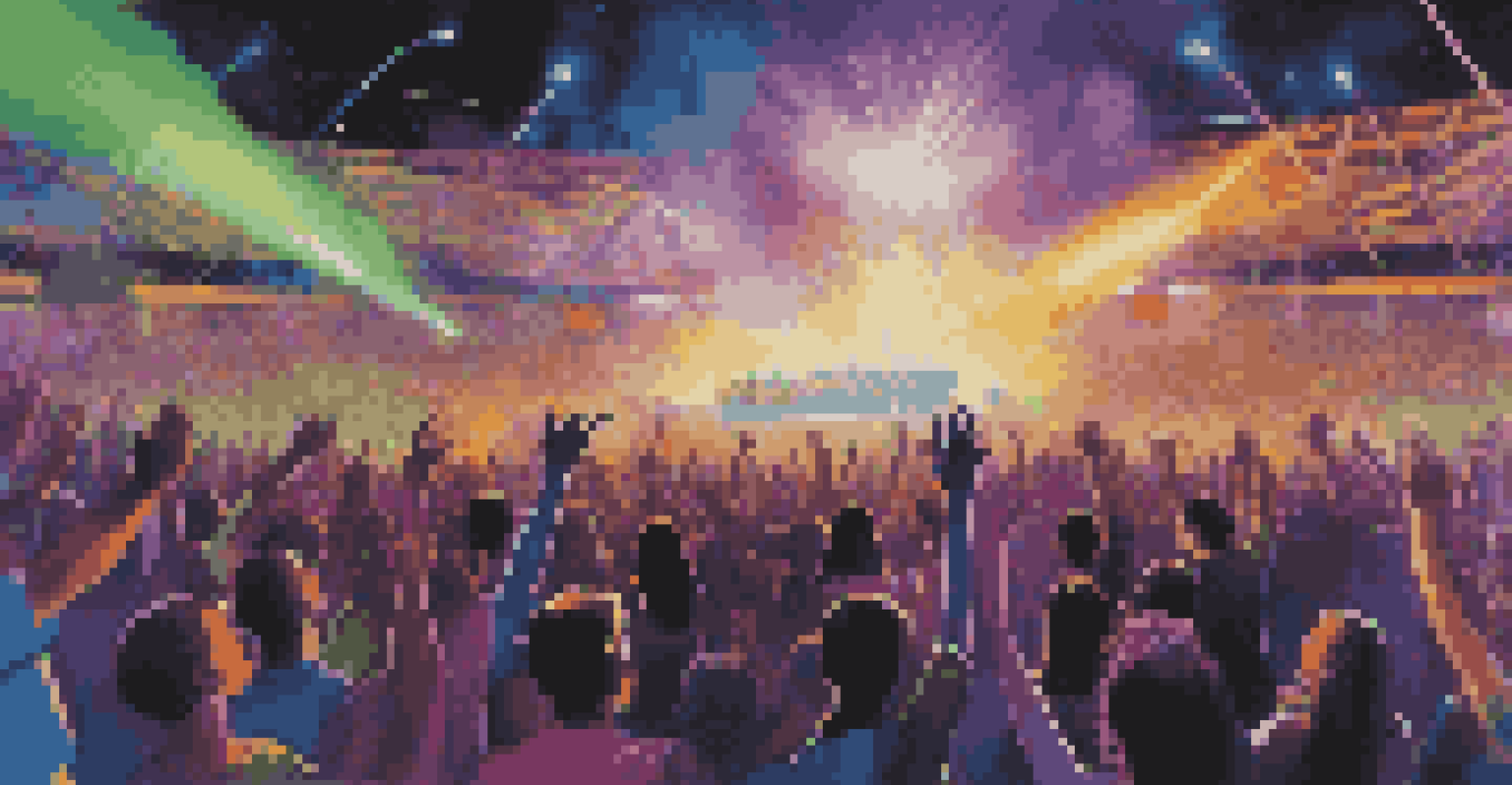 A lively electric music festival at night, featuring a band on stage with dynamic lights and an energetic crowd dancing.