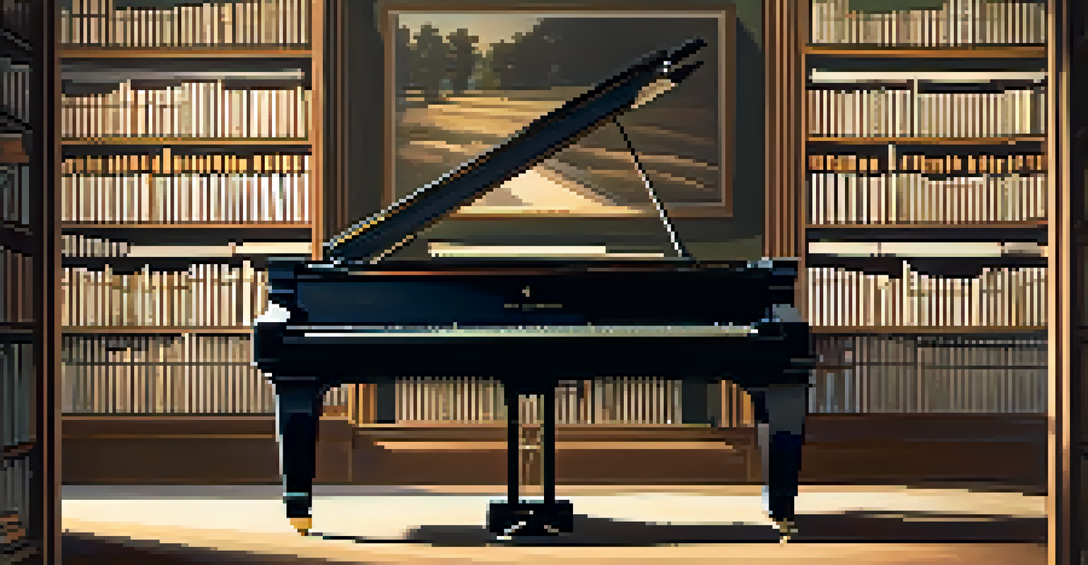 A musician at a grand piano in a cozy room filled with books and art, illuminated by warm lighting.