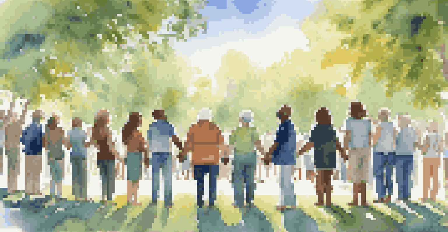 A group of activists holding hands and singing a protest song in a park, surrounded by nature and sunlight, representing unity and solidarity.
