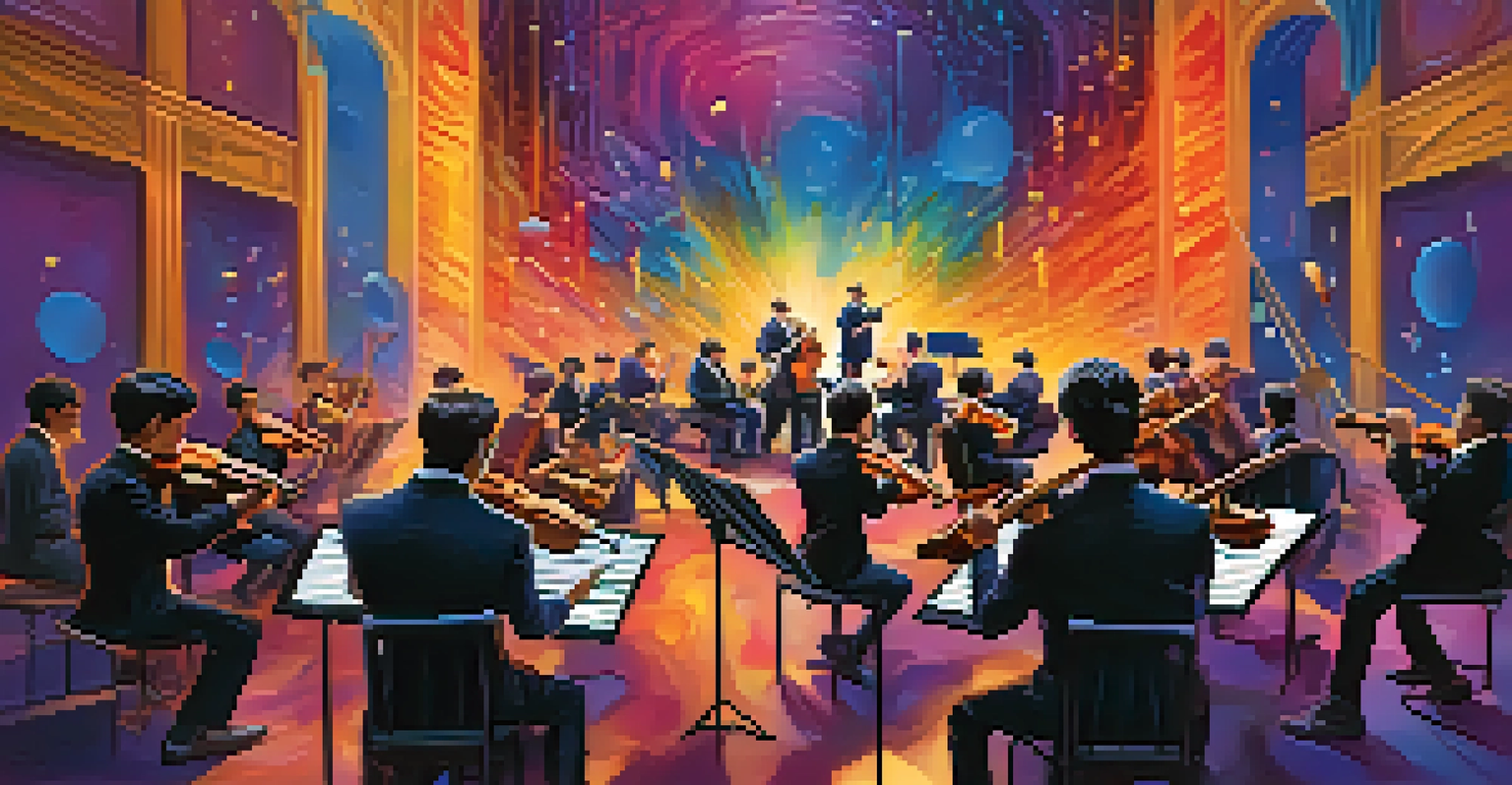 An abstract visual of a virtual symphony performance with musicians and colorful visuals that pulse with the music.