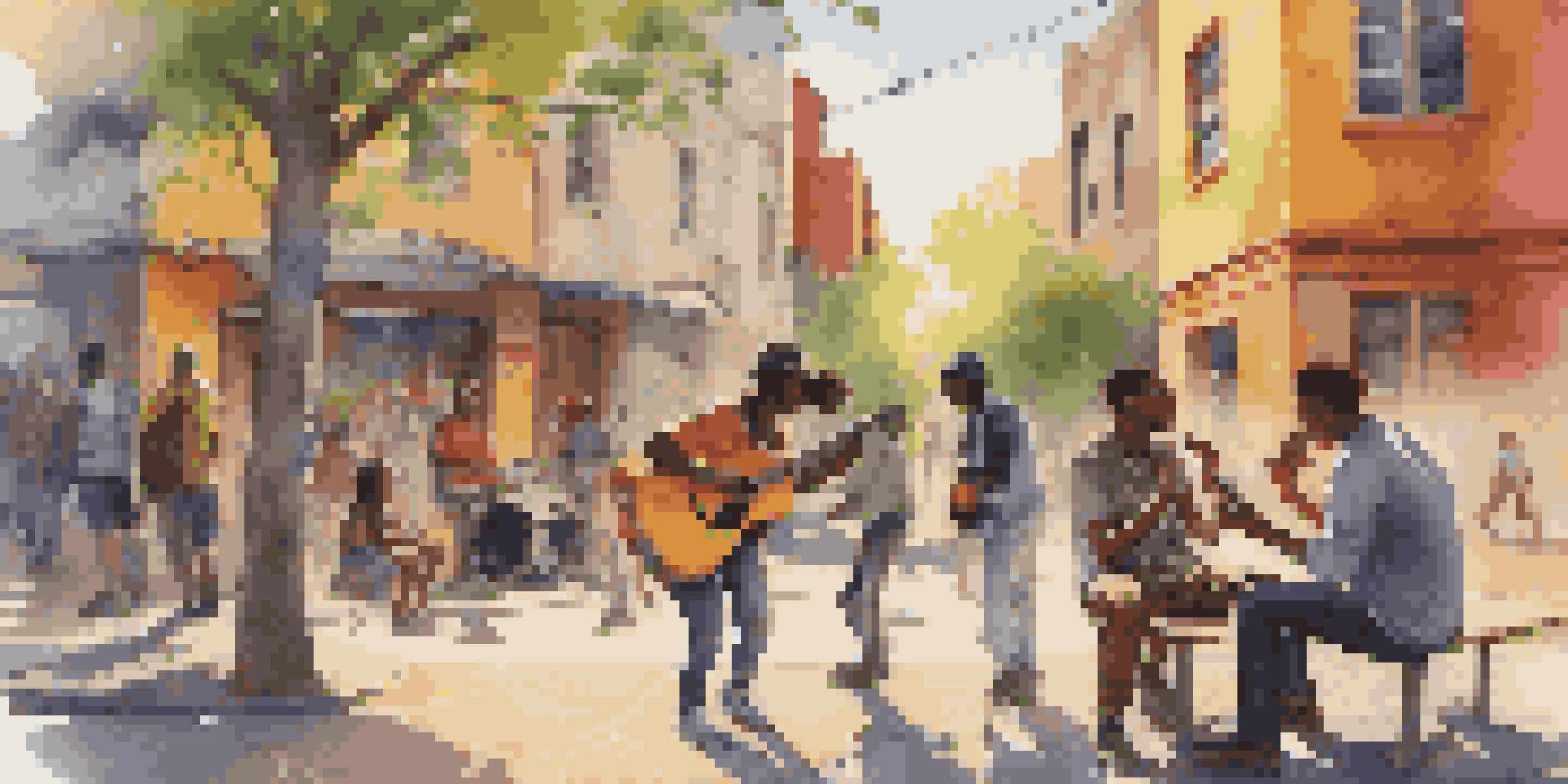 A lively urban scene with young people enjoying music on their phones, colorful graffiti in the background, and a street musician playing guitar.