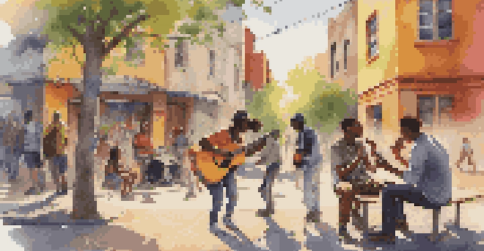 A lively urban scene with young people enjoying music on their phones, colorful graffiti in the background, and a street musician playing guitar.