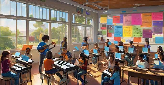 A lively classroom with students learning music through technology, including tablets and virtual reality headsets, with colorful musical decorations.
