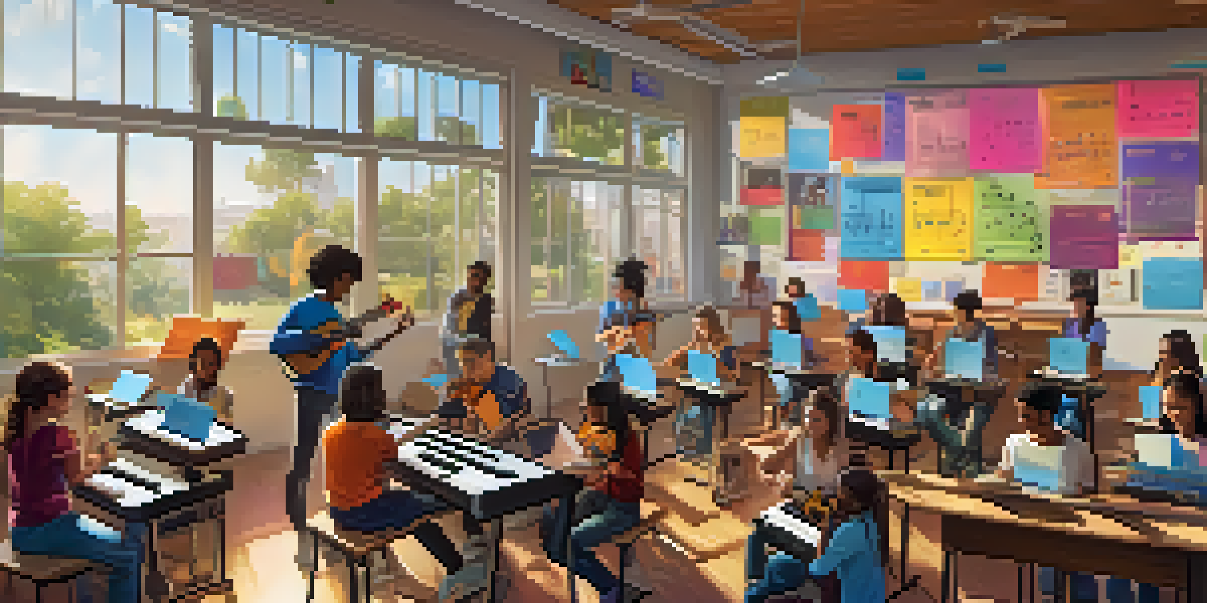A lively classroom with students learning music through technology, including tablets and virtual reality headsets, with colorful musical decorations.