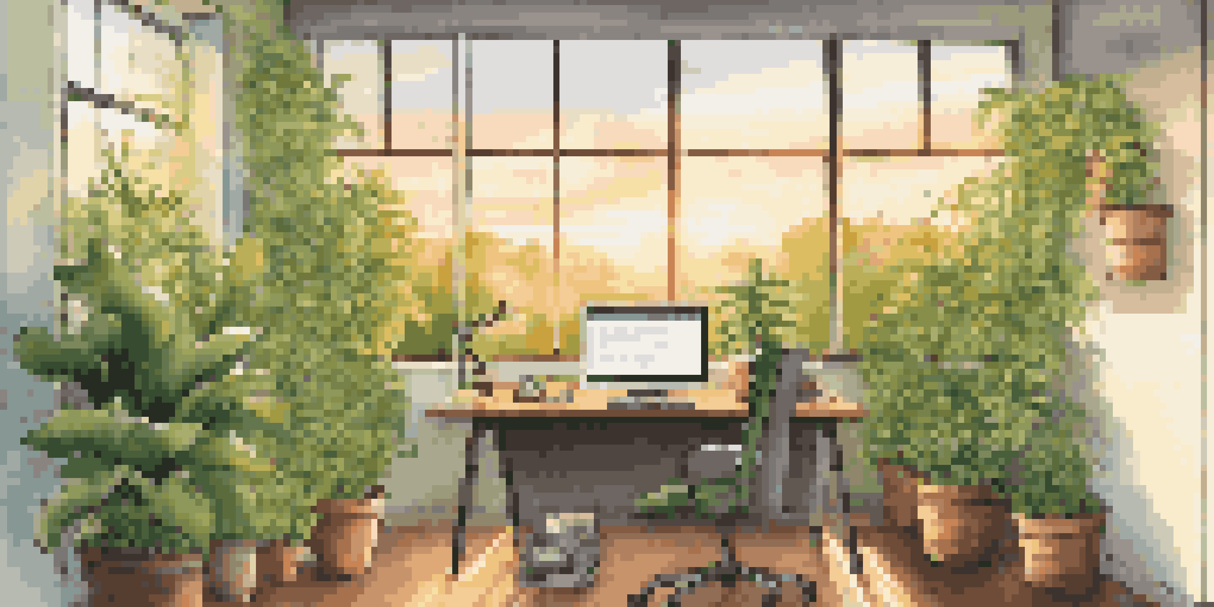 A bright office space with a window showing a sunrise, a desk with a laptop, a coffee mug, and green plants, with motivational quotes on the walls.