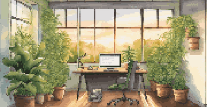 A bright office space with a window showing a sunrise, a desk with a laptop, a coffee mug, and green plants, with motivational quotes on the walls.