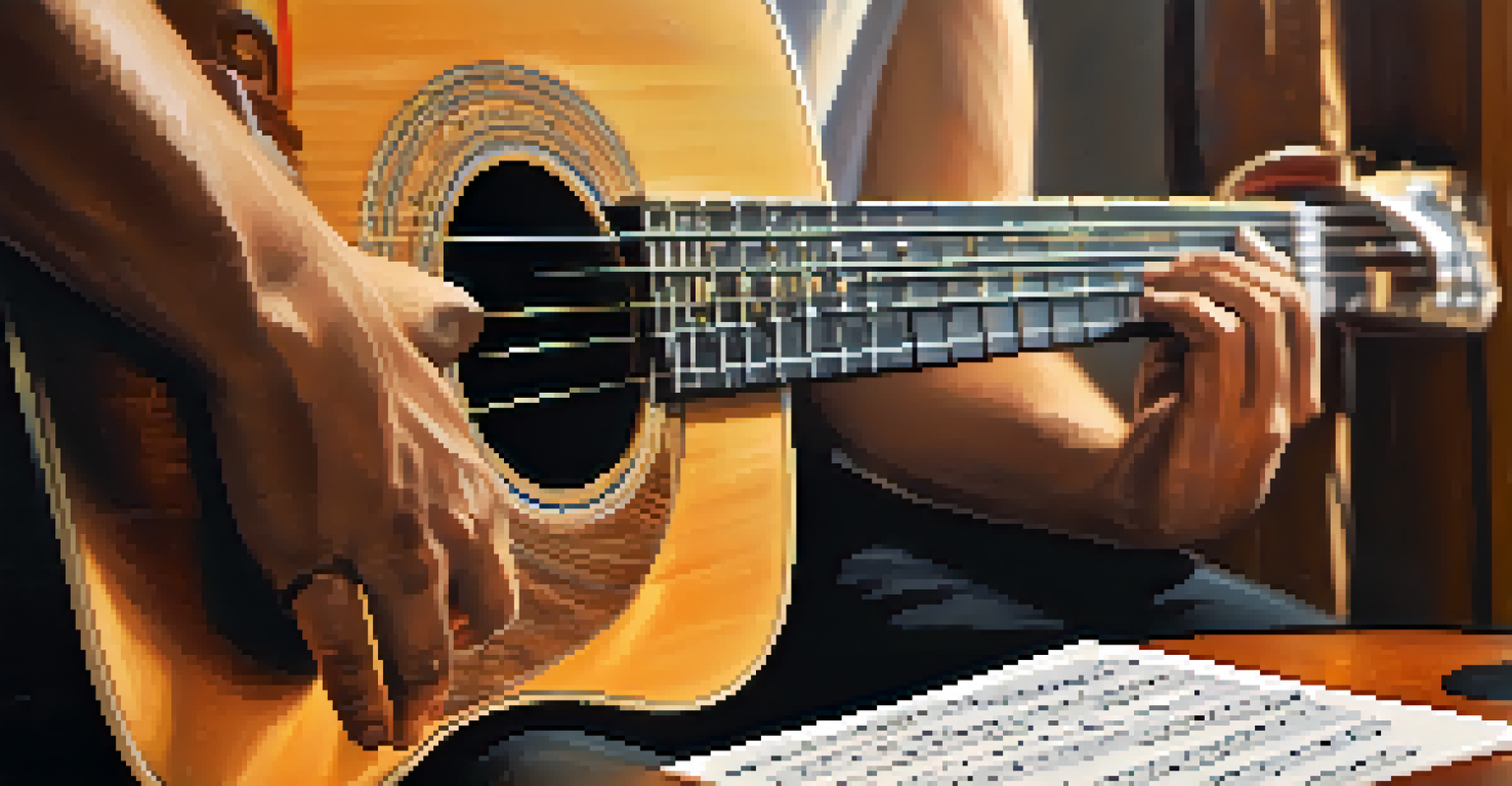 A close-up of a musician's hands playing a guitar with handwritten lyrics nearby, highlighting the artistry and emotion involved in creating music.
