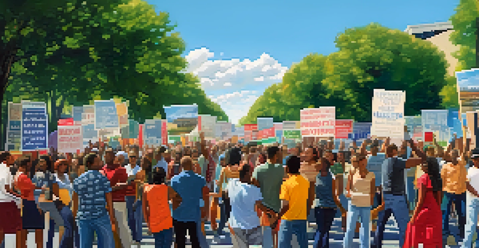 A diverse group of people gathered for a peaceful protest, holding colorful banners and singing under a sunny sky.