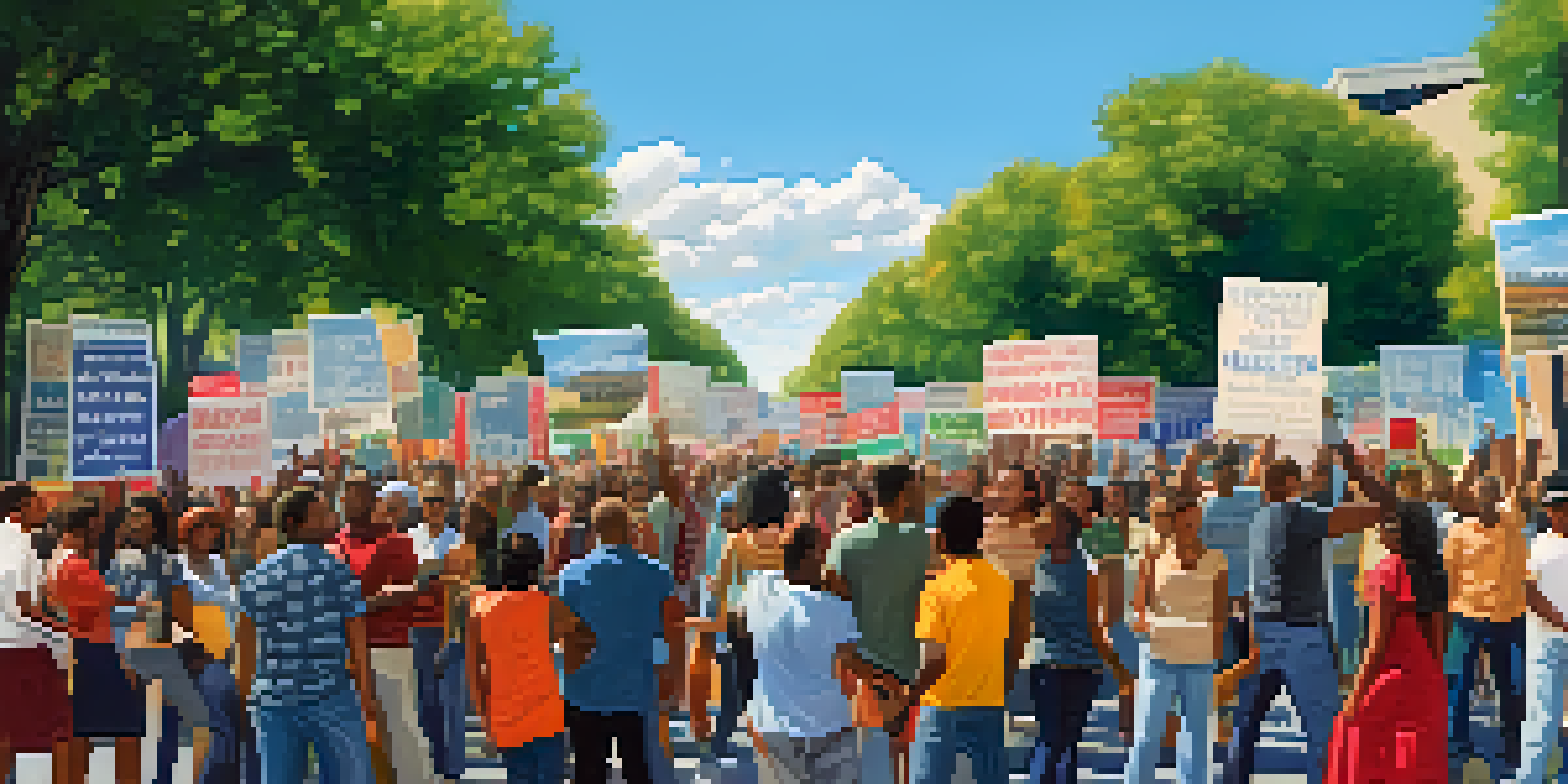 A diverse group of people gathered for a peaceful protest, holding colorful banners and singing under a sunny sky.