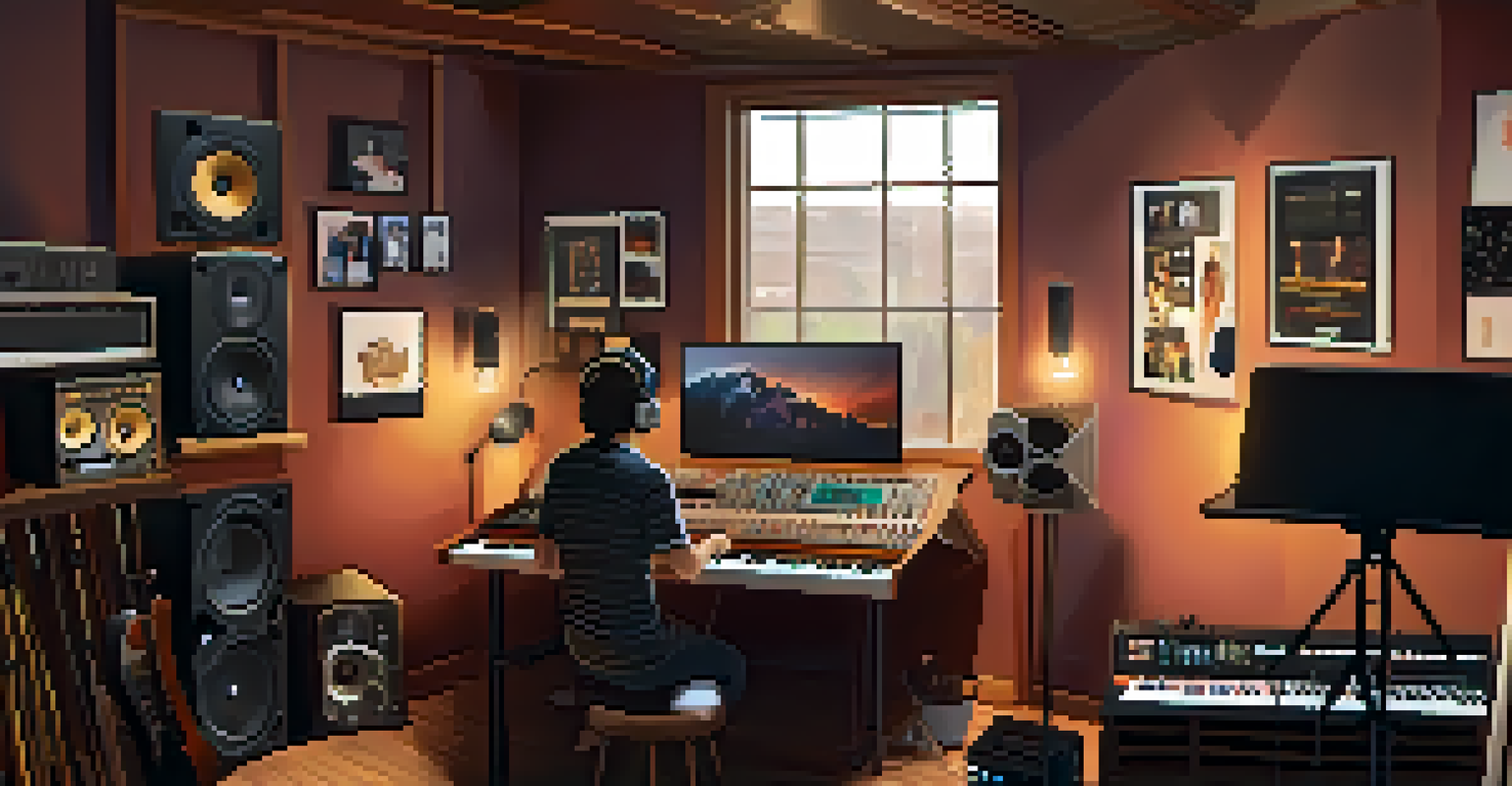 A cozy home studio where a musician prepares for a live streaming concert, with acoustic panels and warm lighting.