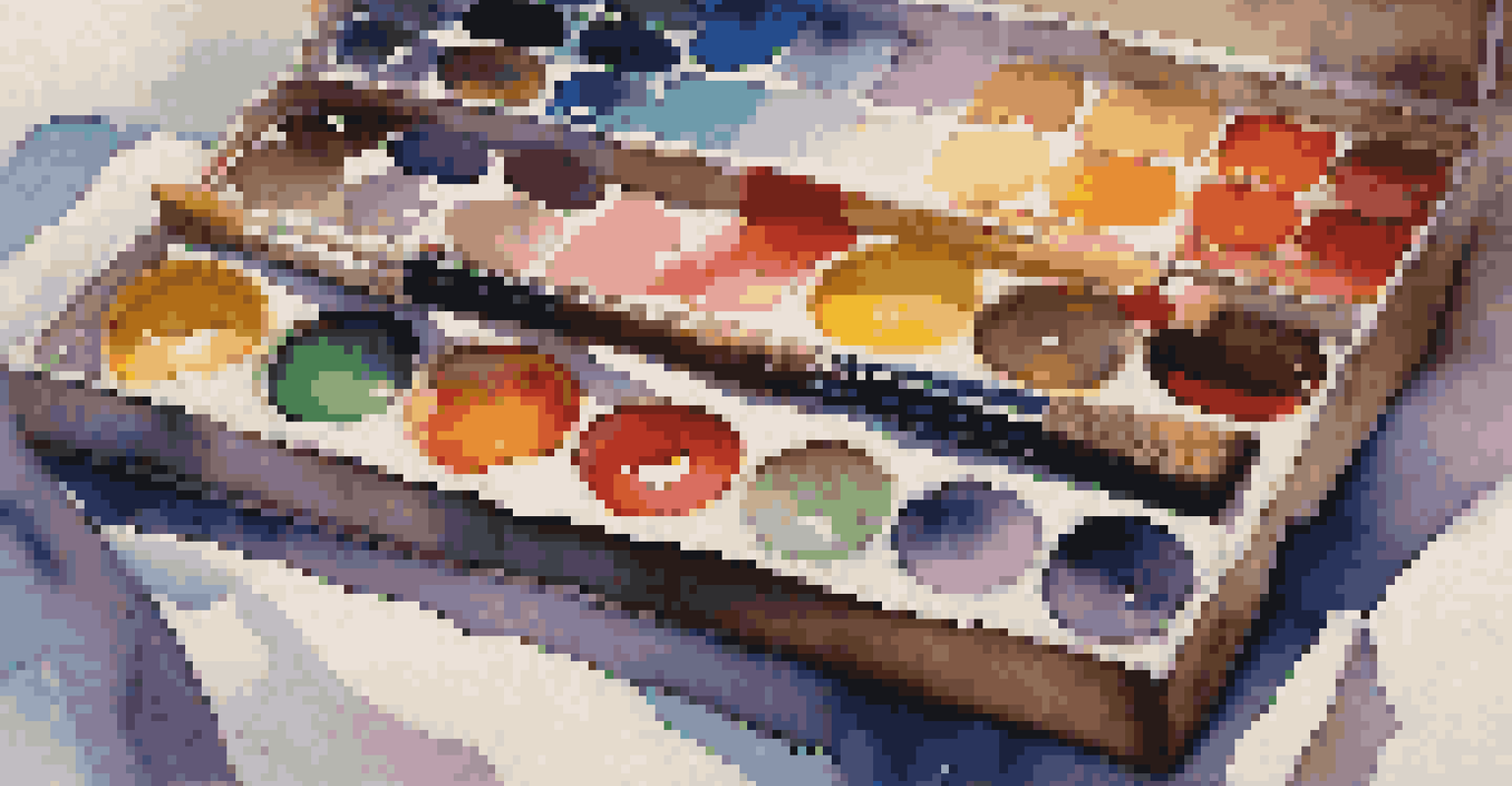 A painter's palette with vibrant colors and brushes, in front of an abstract painting illuminated by natural light.