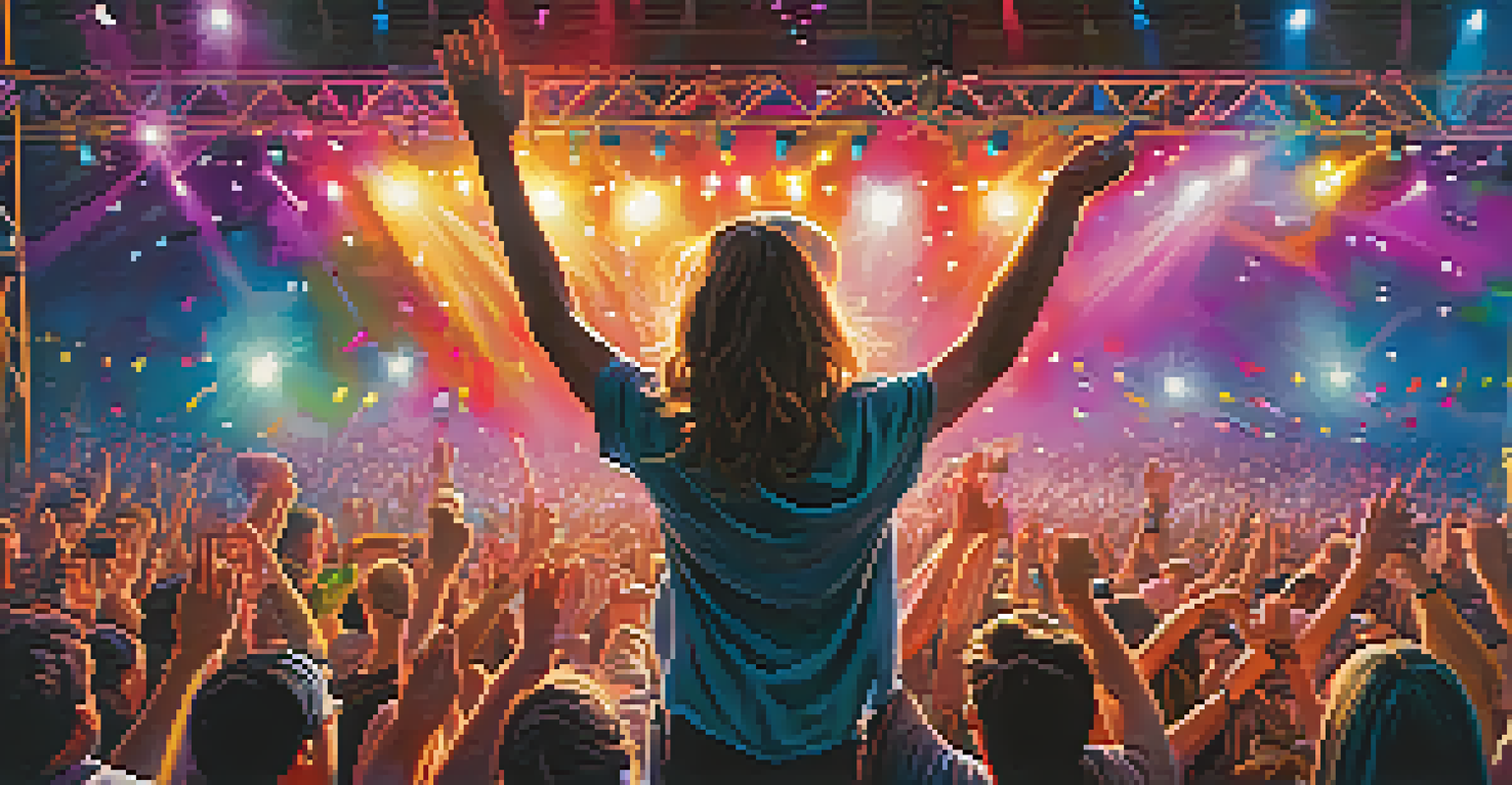 An artist performing energetically on stage at a festival, with a cheering crowd and vibrant stage decorations.