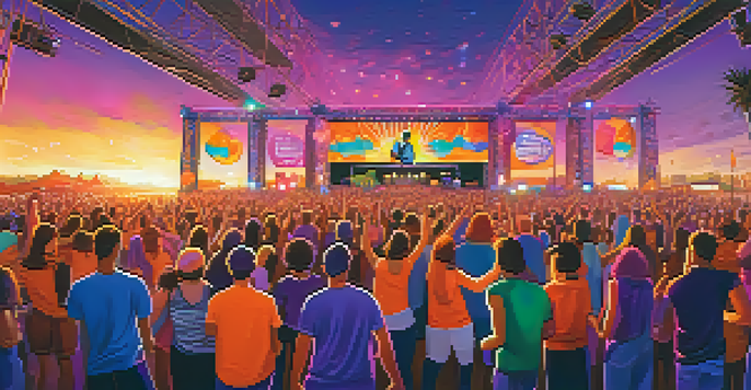 A lively music festival at sunset with diverse artists on stage and a colorful crowd dancing.